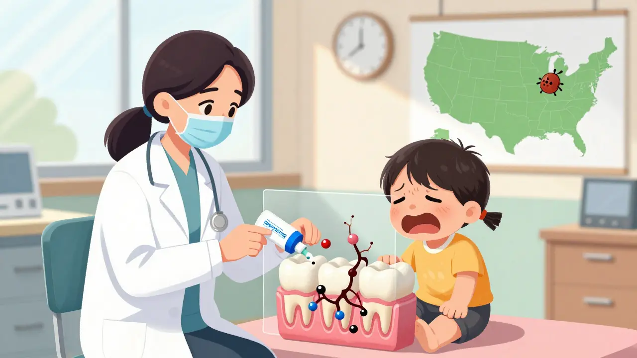 Doctor prescribing doxycycline to toddler as drug molecules avoid tooth binding