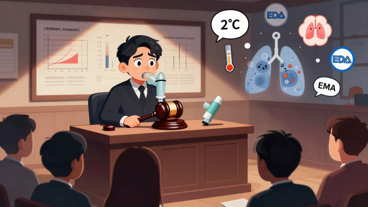 Dramatic cartoon courtroom scene where a generic inhaler is judged by lung cells and scientific evidence.