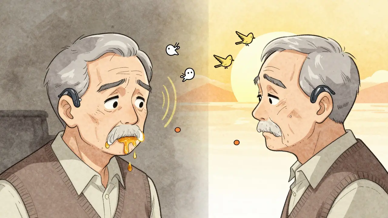 Elderly man before and after earwax removal, transitioning from blocked ears to clear hearing with sound waves and fading symptoms.