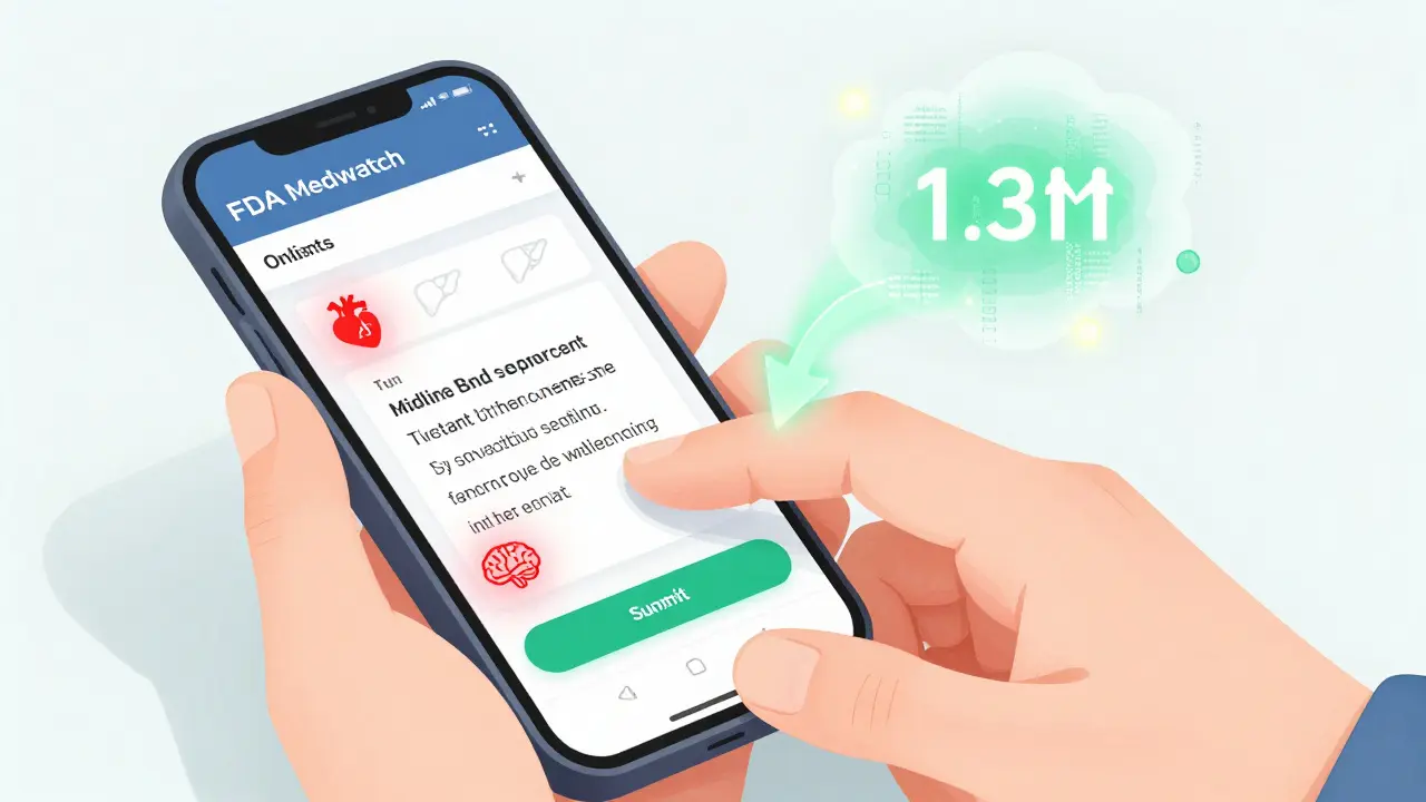 Hand typing on a phone showing the MedWatch portal, with medical symbols glowing around symptoms.