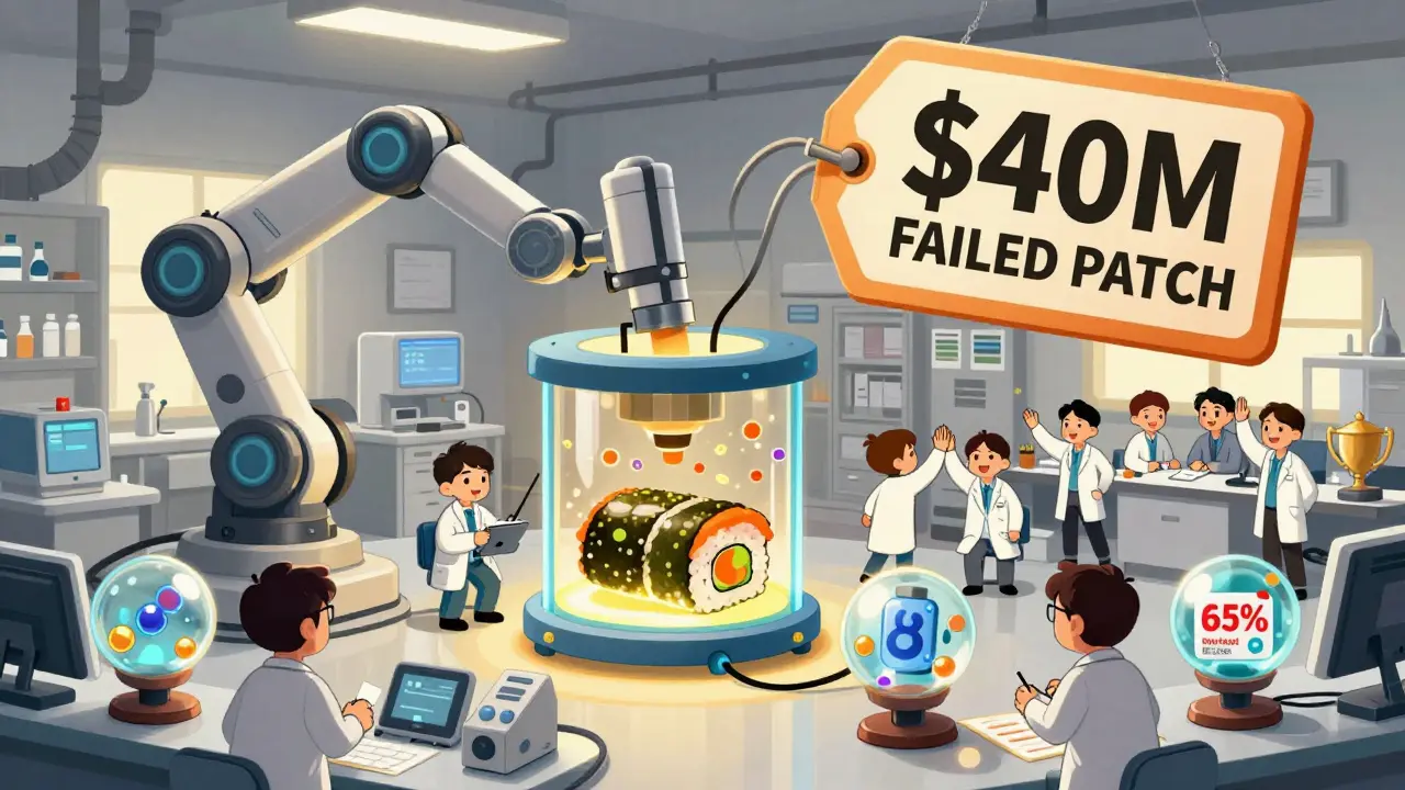 Lab scene with oversized equipment and struggling developers, one holding a successful generic patch trophy.