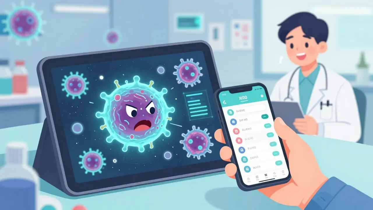 Lab tech watches immune cell react to drug on tablet, while patient logs symptoms in health app.