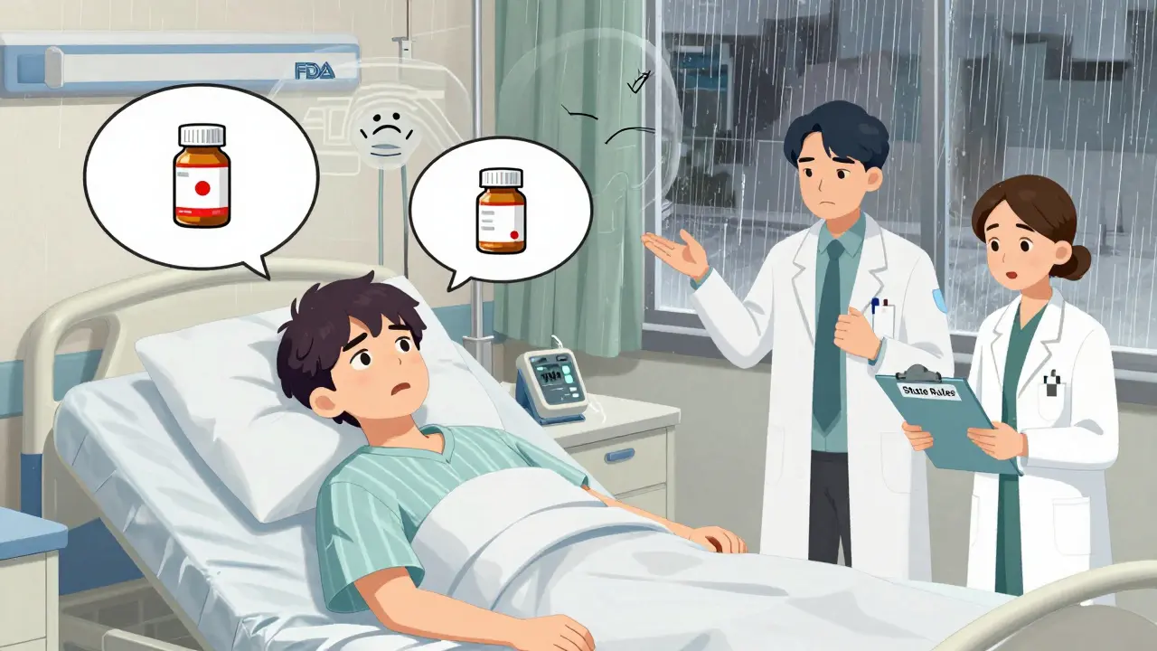 Patient in hospital bed with erratic monitor, thought bubbles show switched meds, doctor and pharmacist argue.