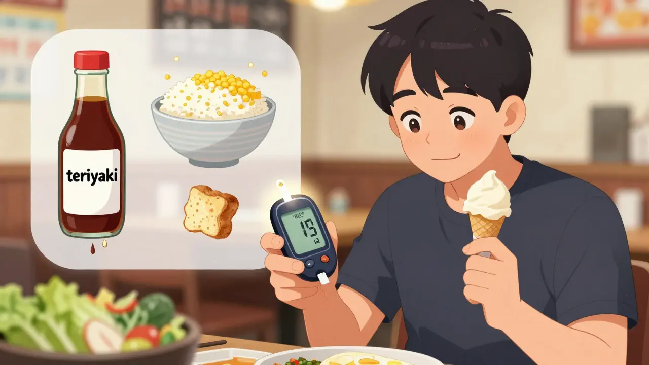 Person checking blood sugar after a meal, with hidden carbs visually shown as floating sugar crystals and starch particles.