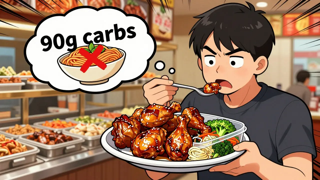 Person packing half their buffet meal before eating, with a giant carb-laden pasta bowl crossed out.