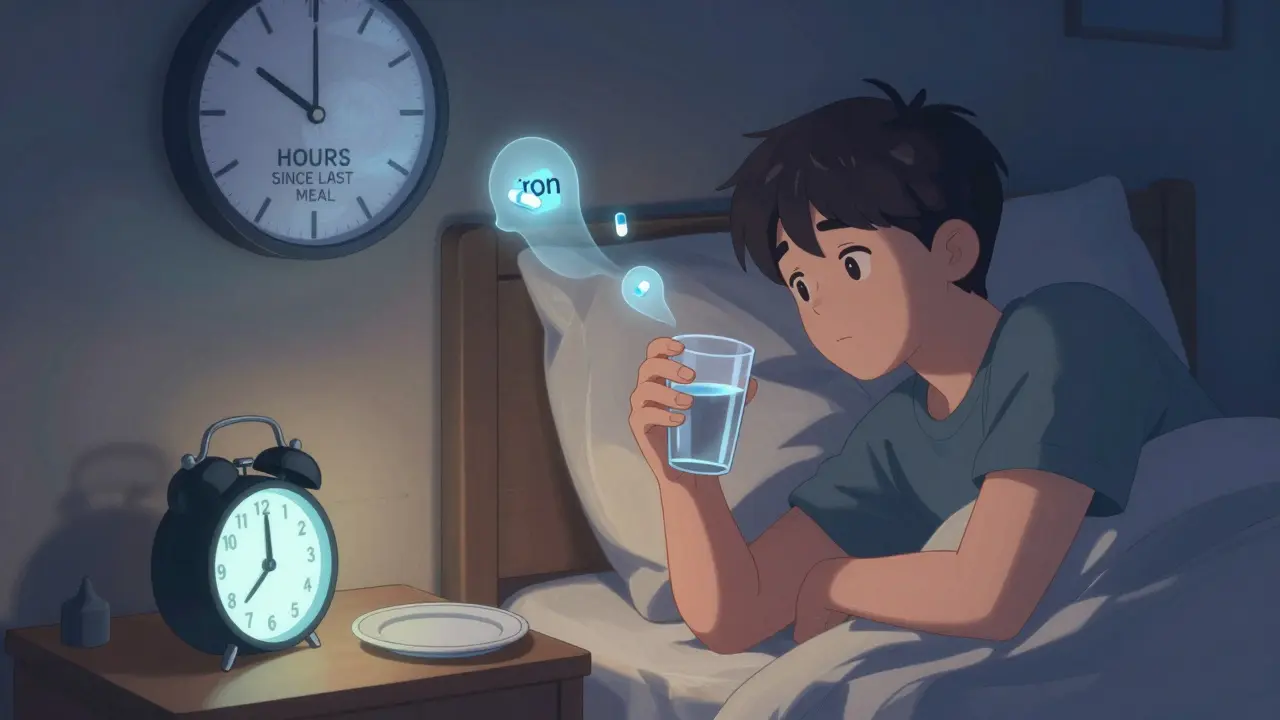Person taking thyroid medication at bedtime with water, empty plate nearby, 4-hour wait reminder glowing.
