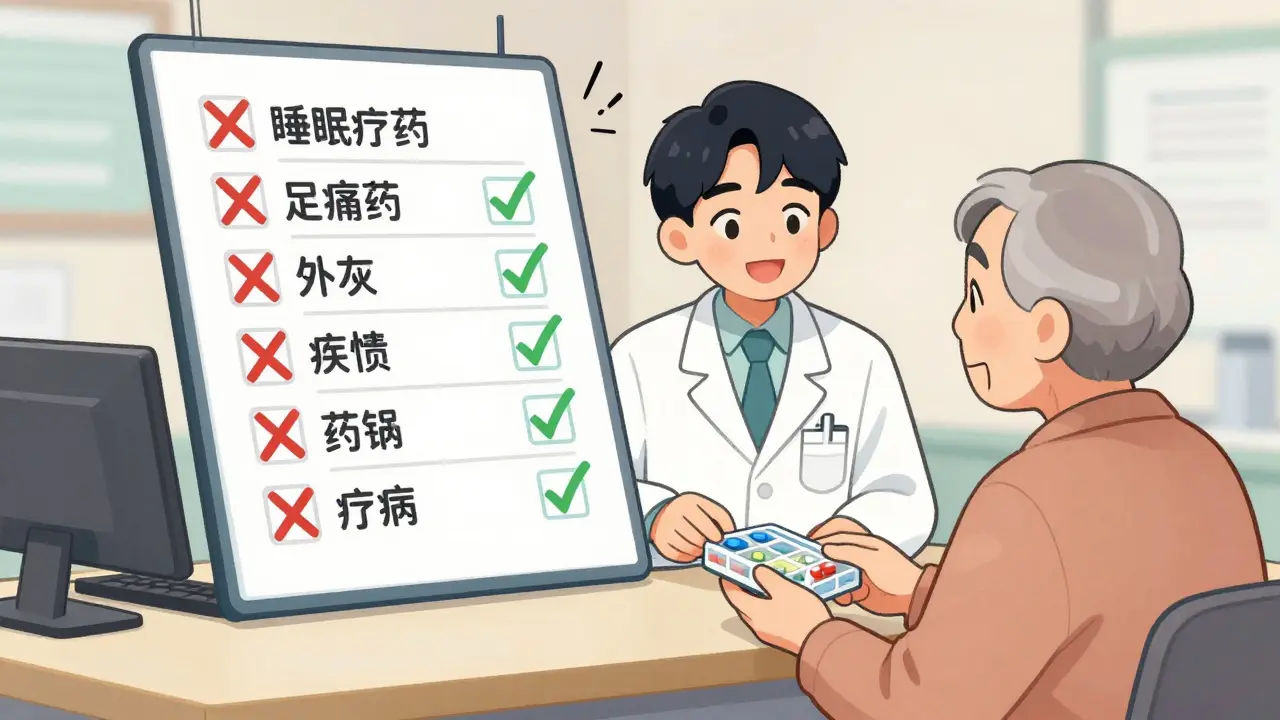 Pharmacist giving a simplified pill organizer to an older patient, with unnecessary drugs crossed out in thought bubbles.