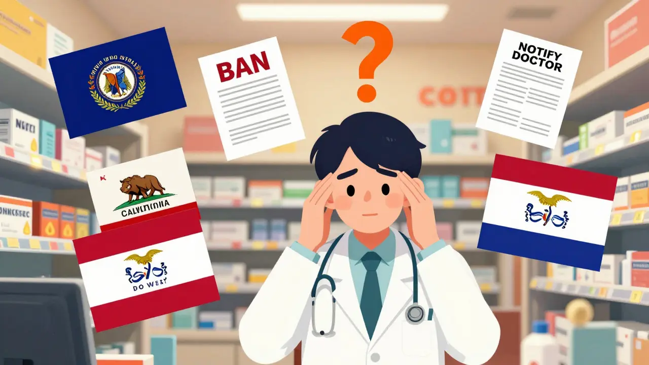 Pharmacist overwhelmed by floating state rules and legal documents in a neon-lit pharmacy.