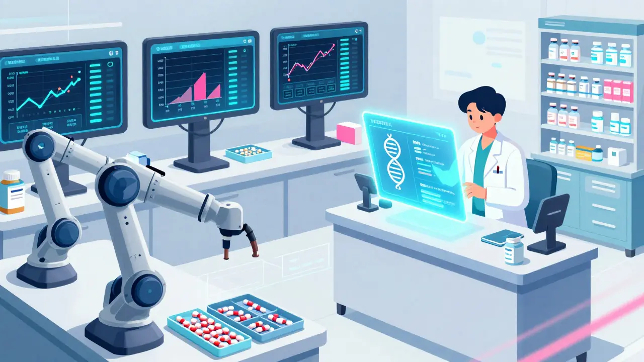 Robotic arms and glowing AI screens in a high-tech pharmacy center sorting medications with DNA data displayed.