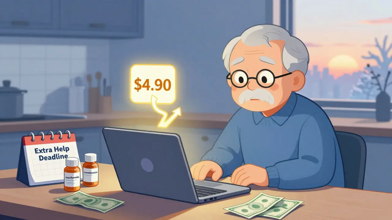 Senior citizen at kitchen table researching Medicare Extra Help on a laptop.