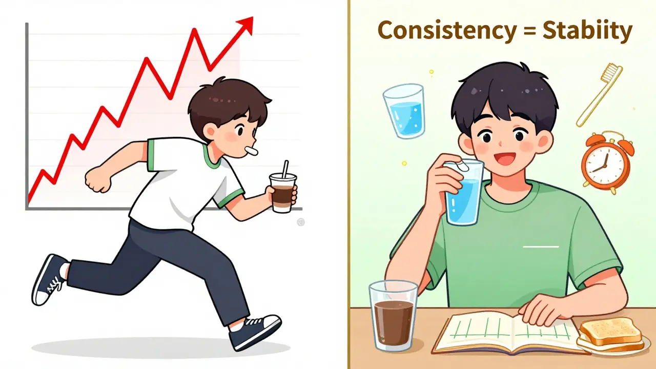 Split image: chaotic morning with coffee vs calm routine with water, showing stable vs unstable TSH levels.