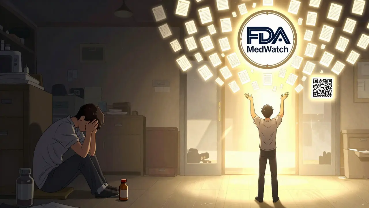 Split scene: person in despair vs. same person empowering others as reports rise into a glowing MedWatch emblem.