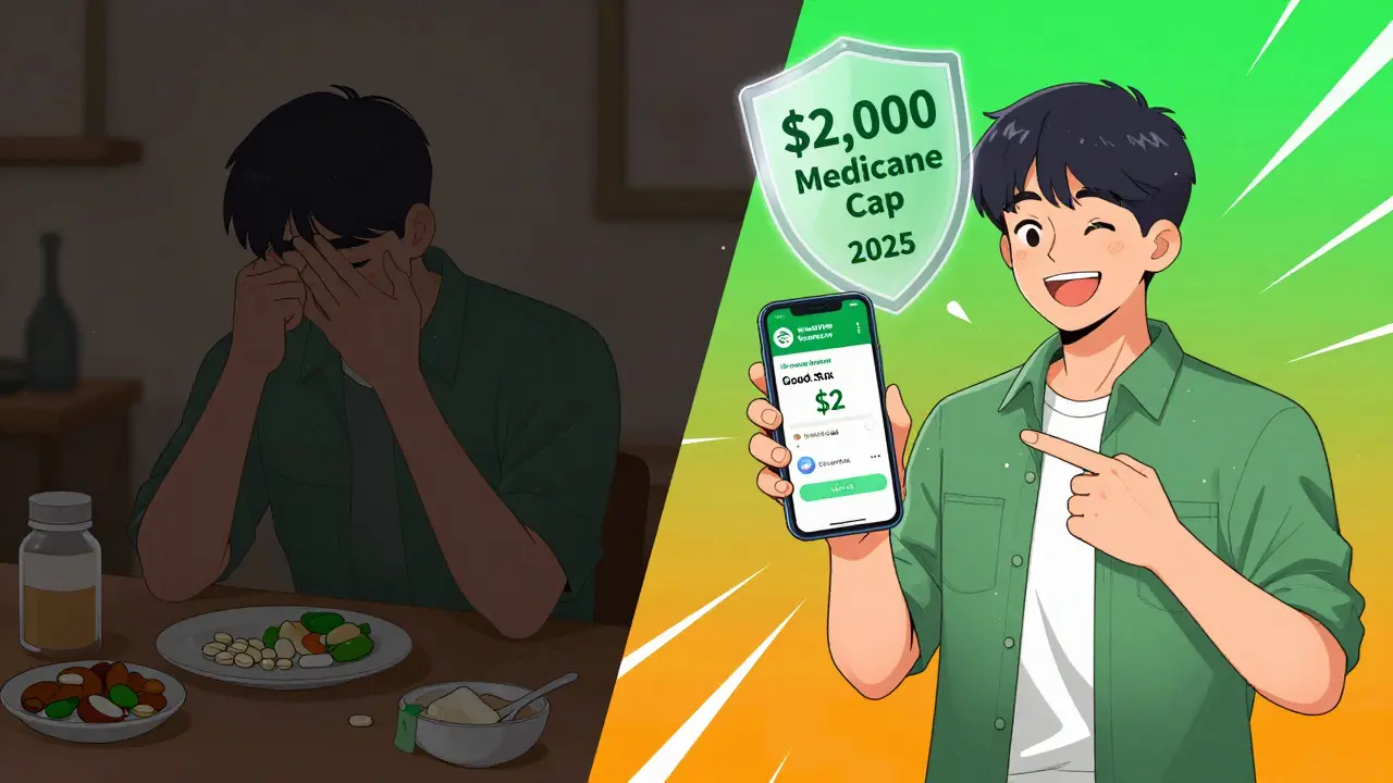 Split scene: person skipping meals vs. using GoodRx app to save on insulin.