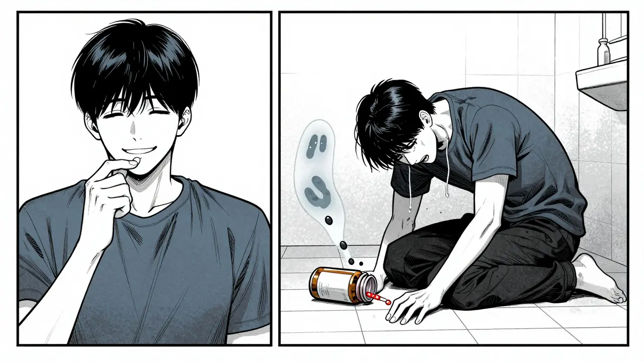 Split scene showing relief turning to illness as fentanyl molecules invade the body from a pill bottle.