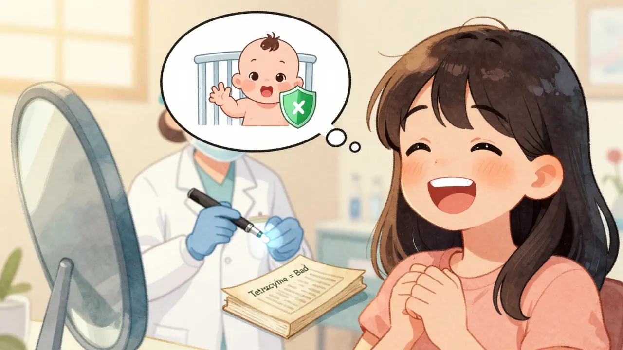 Teen with bright teeth remembers safe infant doxycycline treatment under UV light