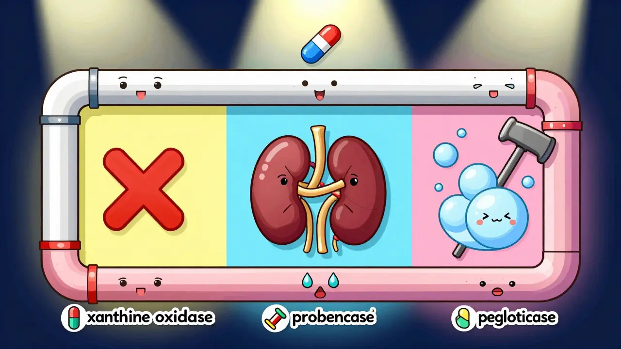 Three stylized medication pathways showing how different drugs lower uric acid, illustrated in Korean webtoon style.