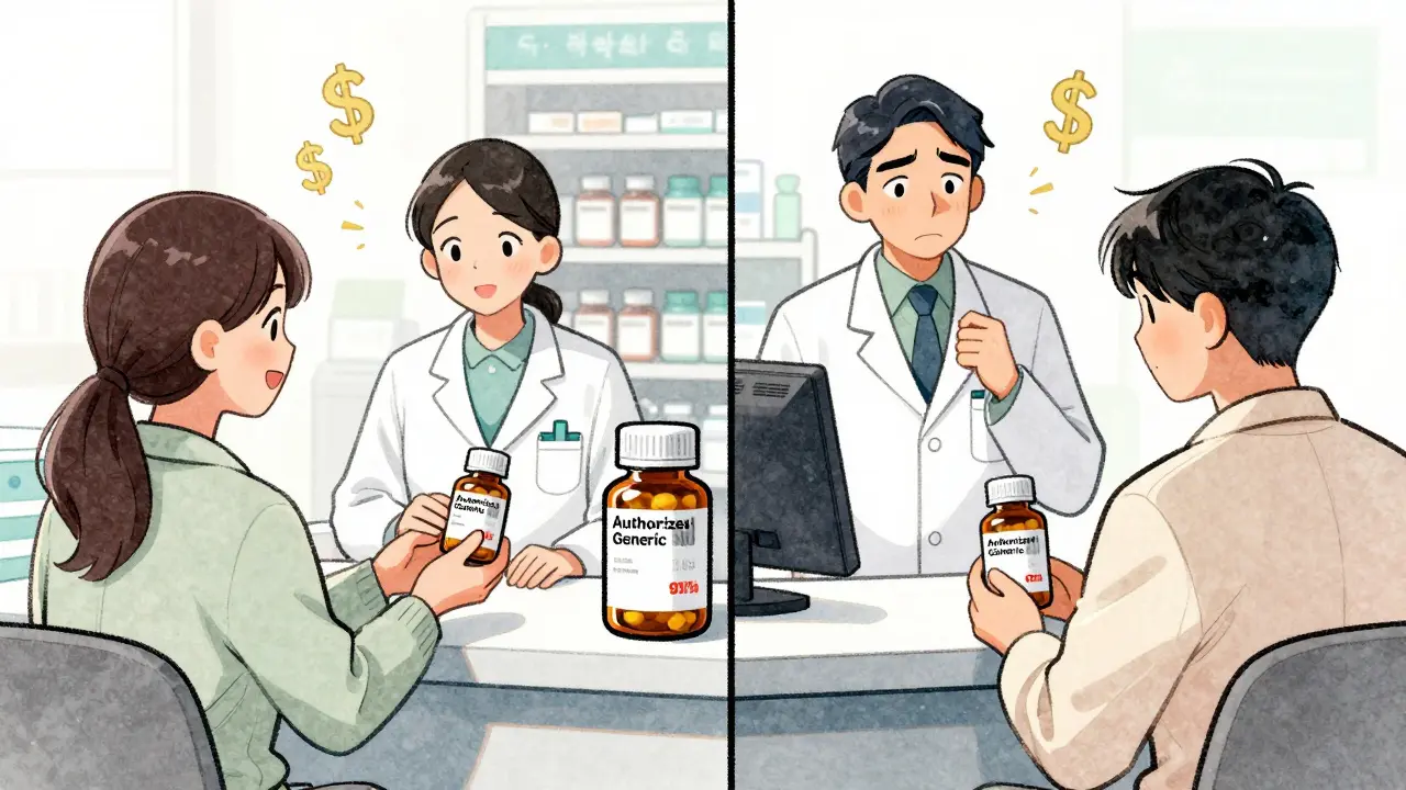 Two identical generic pill bottles at a pharmacy counter with drastically different prices shown side by side.