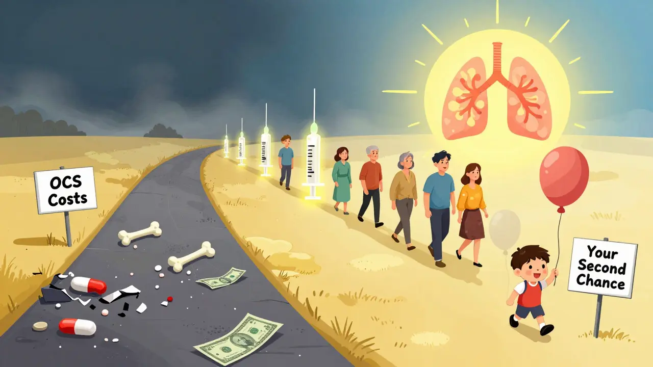 Two paths split: one leads to pill-filled despair, the other to glowing biologics and renewed life.