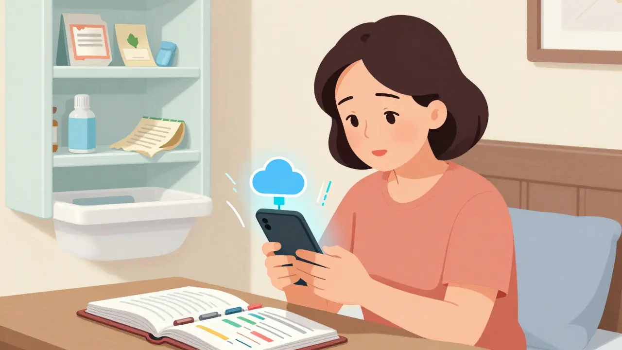 Woman scanning a prescription label with her phone, digital upload icon visible, faded bathroom meds in background.