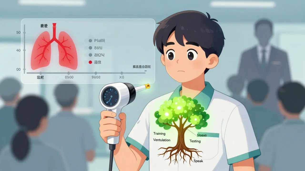 Worker using spirometry test as a tree of prevention grows from his chest.