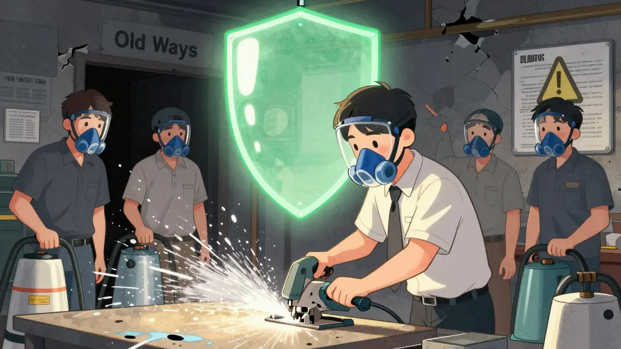 Workers safely using wet saws and proper equipment under protective green light.