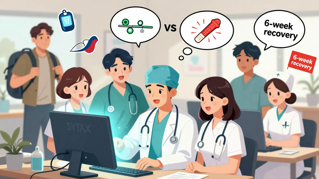 A heart team reviewing a SYNTAX score screen, with thought bubbles comparing stents and grafts, and two patients representing different outcomes.