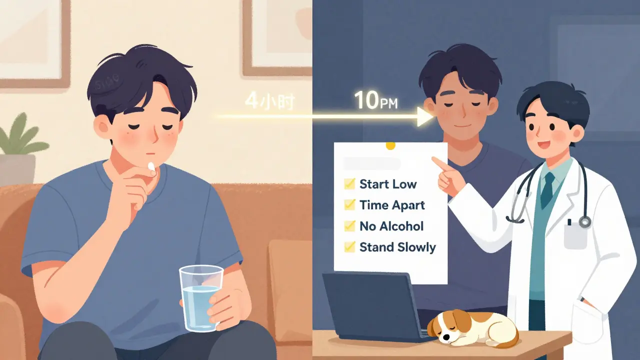 A man safely takes his medications at separate times with a doctor’s checklist guiding him, showing a calm, controlled routine.