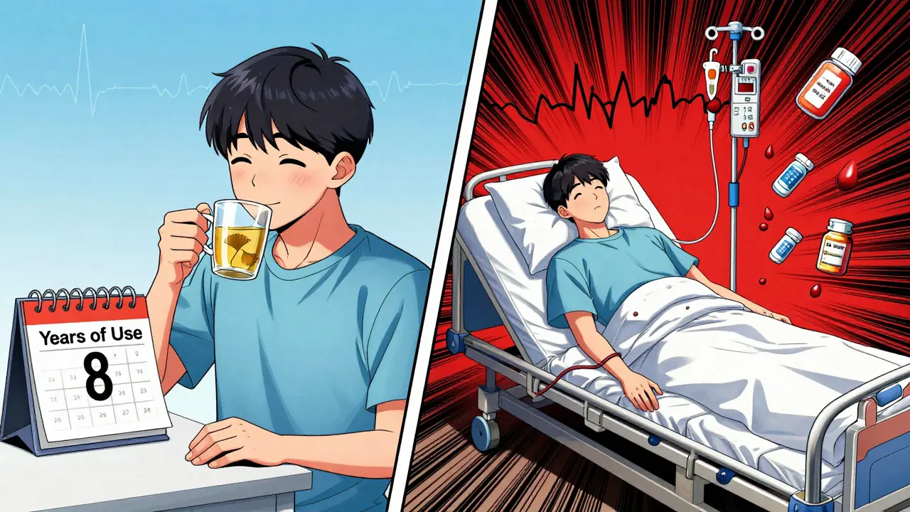 A person enjoying ginkgo tea transforms into a medical emergency with spiked EKG and bleeding pills nearby.