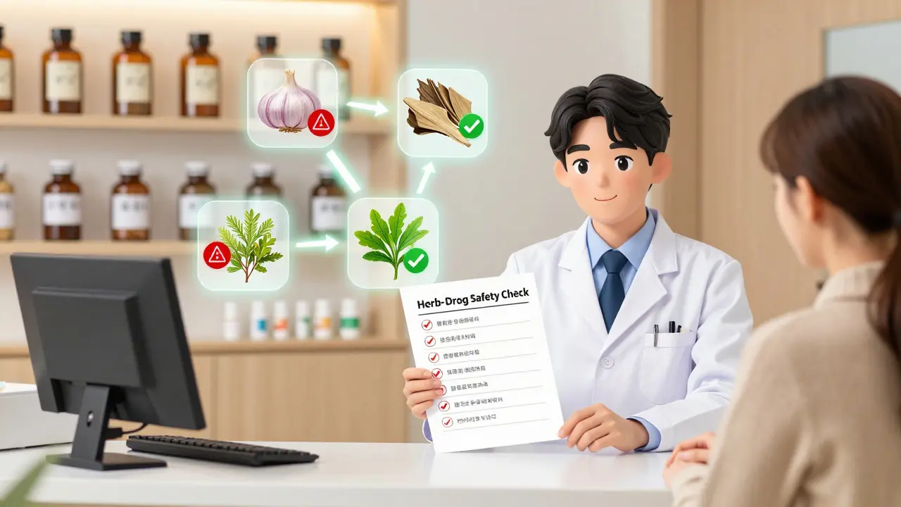 A pharmacist gives a safety checklist as herbal supplements glow with warning or approval icons behind them.
