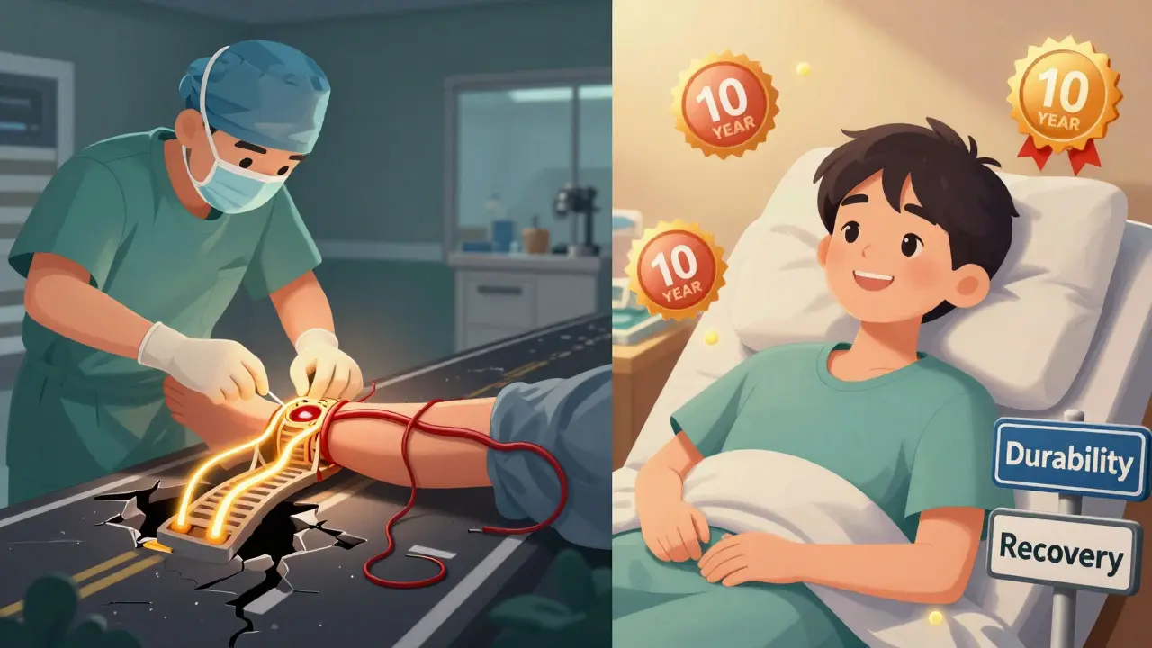 A surgeon grafting a blood vessel to bypass a blocked artery, with golden grafts forming a durable bridge over damaged roads.