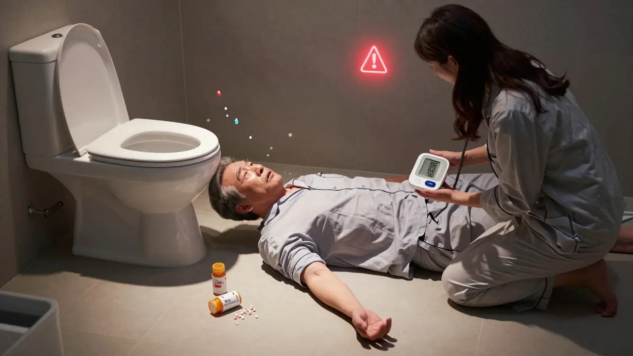 An elderly man has fainted on the bathroom floor as his wife checks his blood pressure, with pill bottles scattered nearby.