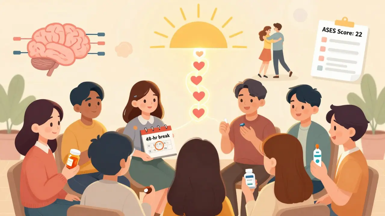 Diverse group in therapy with tools for managing SSRI sexual dysfunction, glowing heart path symbolizing hope and recovery.