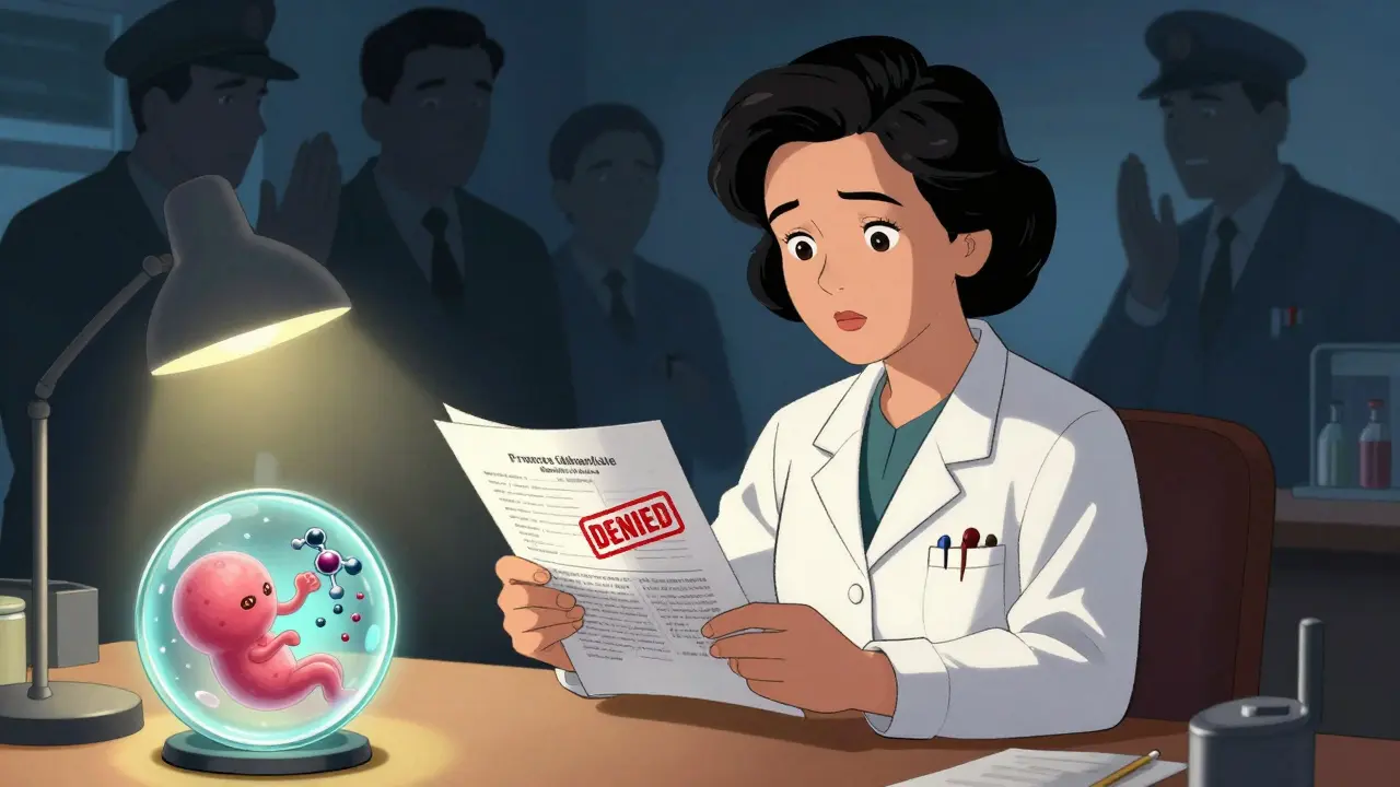 Dr. Frances Kelsey denying thalidomide approval, shadowy drug reps behind her, an embryo’s limb being disrupted.