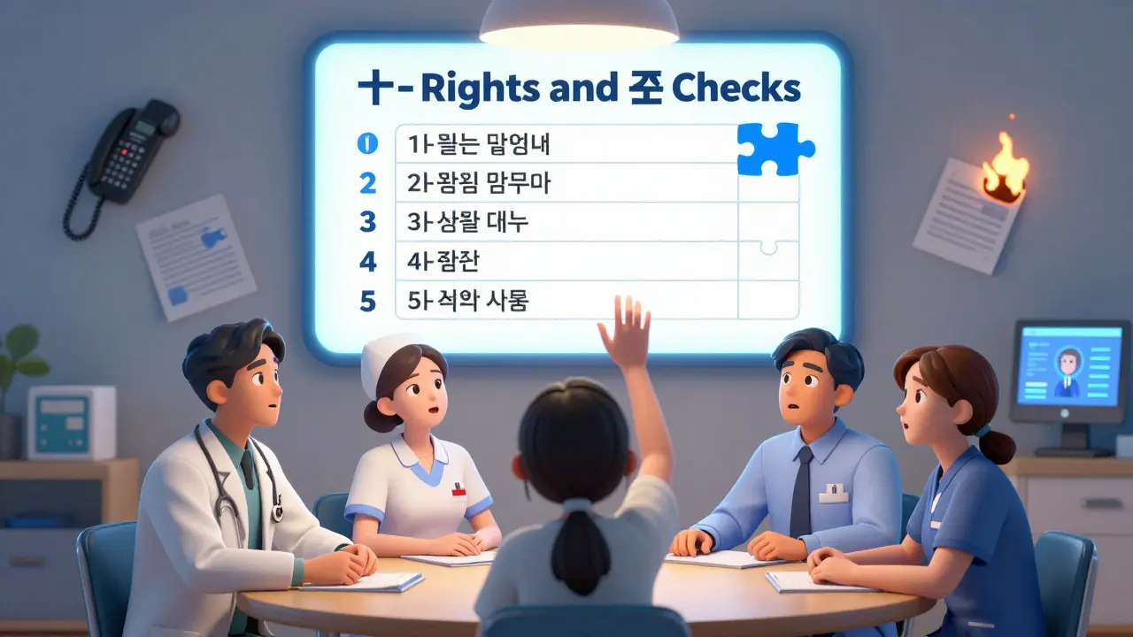 Healthcare workers and a patient sit together as a glowing checklist unites them, symbolizing safe medication practices through teamwork.