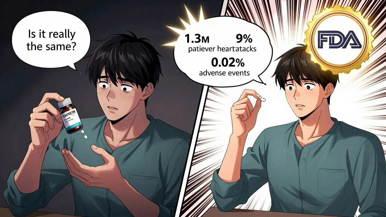Patient comparing brand and generic pills with data bubbles showing improved health outcomes.