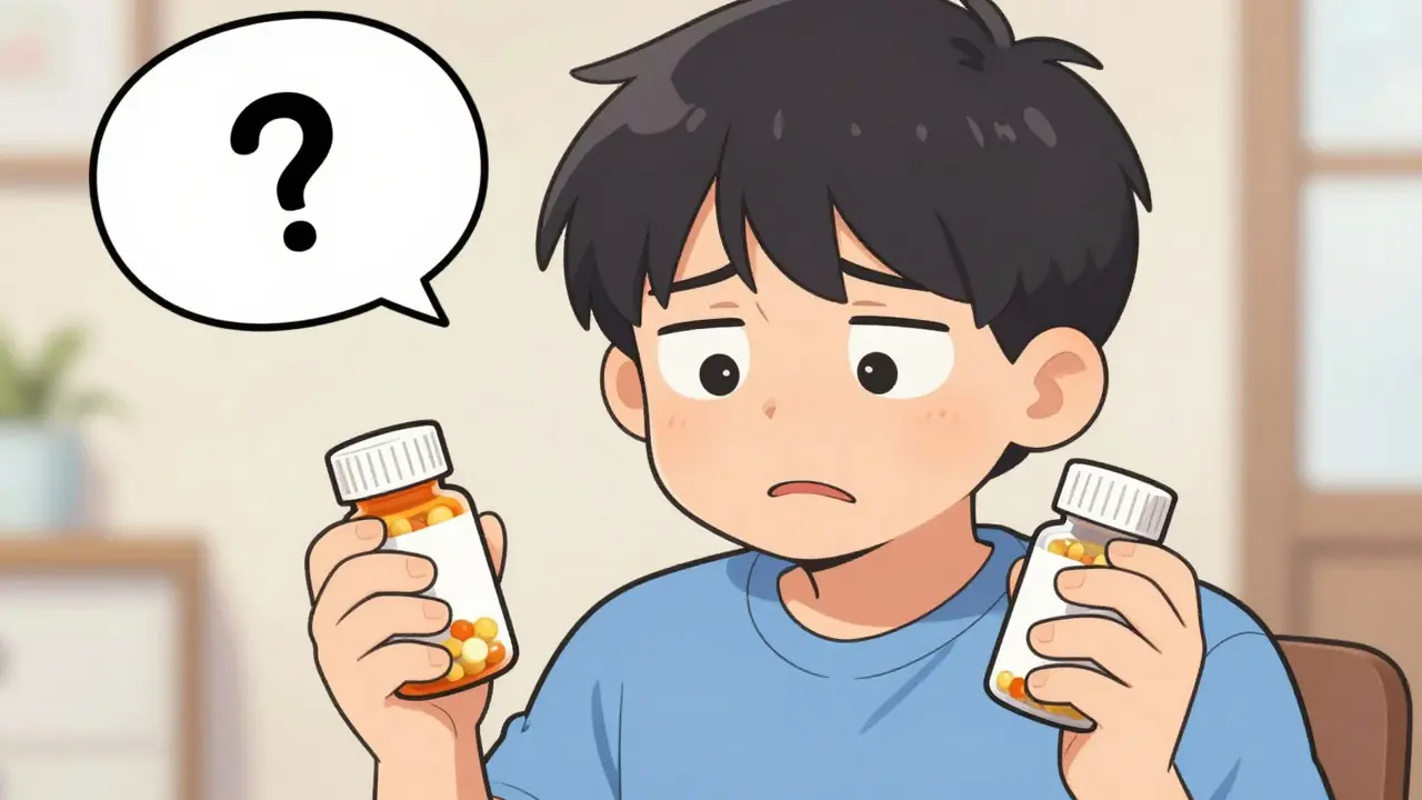 Patient squinting at two pill bottles, unable to distinguish generic from brand