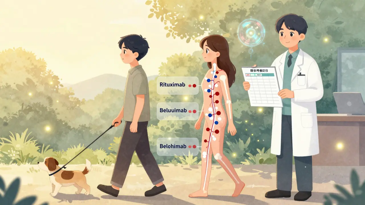 Patient walking dog at sunrise, steroid effects fading as targeted therapies replace them.