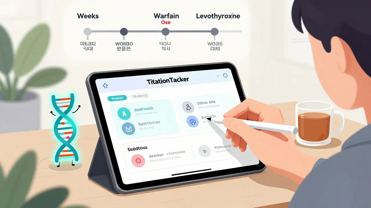 Person using AI titration app with glowing DNA strand beside them