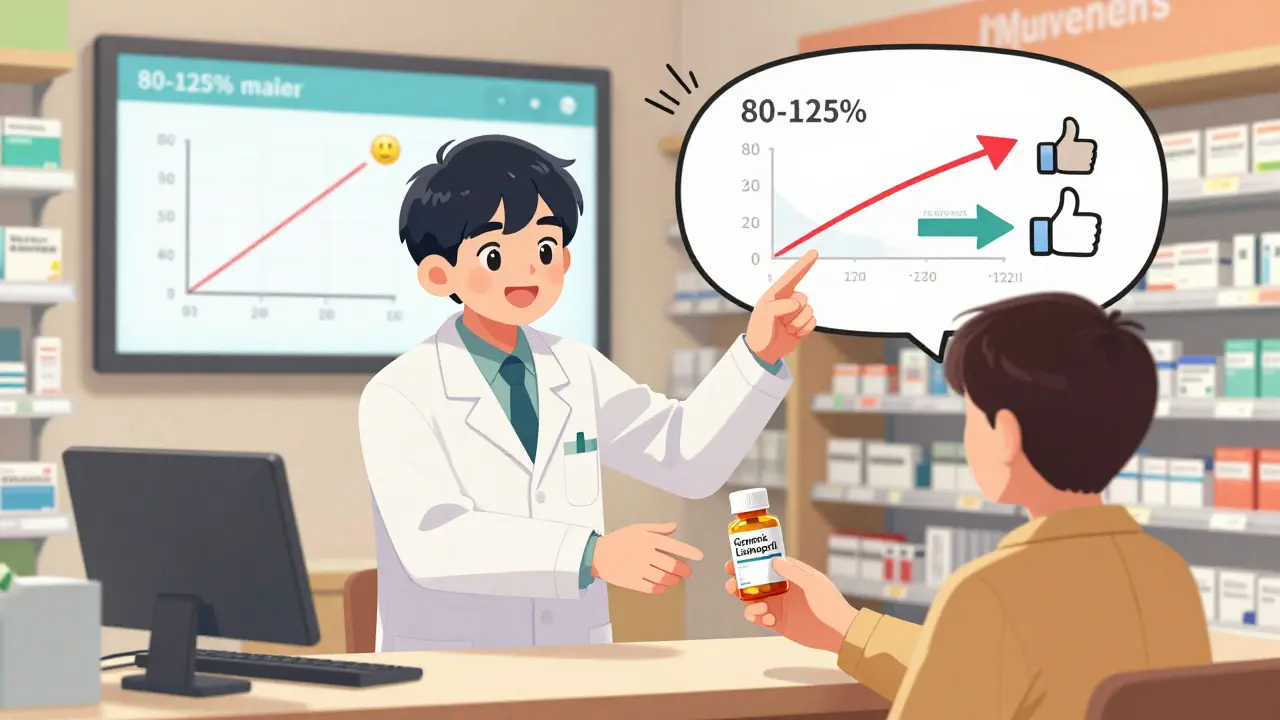 Pharmacist explaining bioequivalence to a patient with glowing graphs and positive symbols.