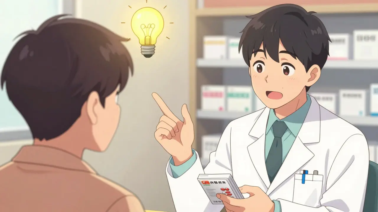 Pharmacist explaining generic drug equivalence to patient with lightbulb moment