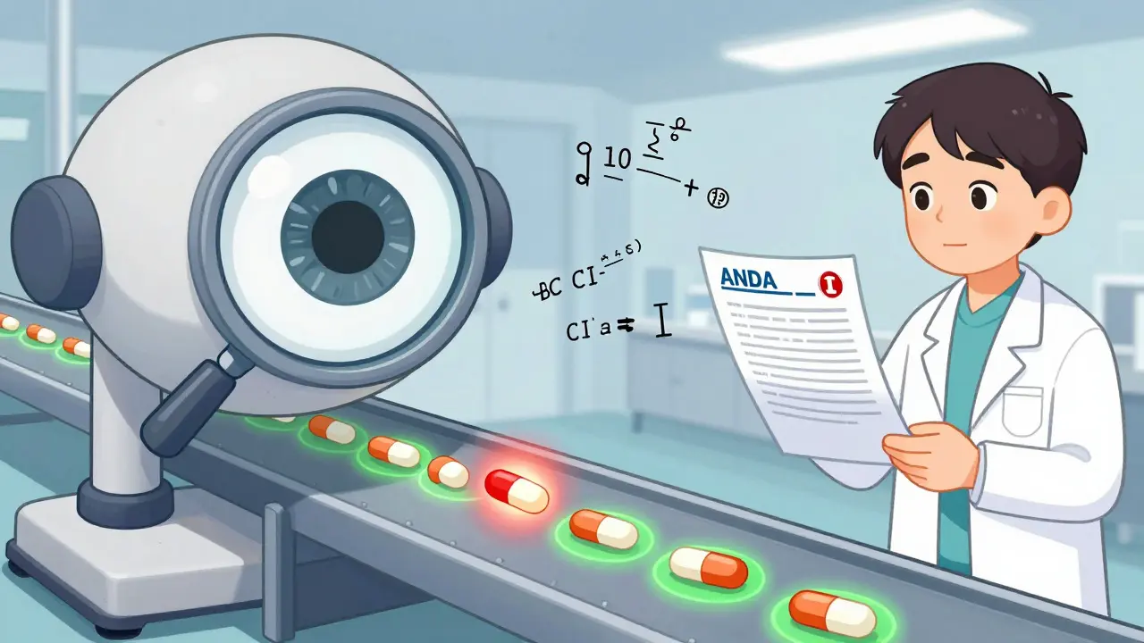 Pills on an assembly line being scanned by an FDA eye, with one failing and others passing.