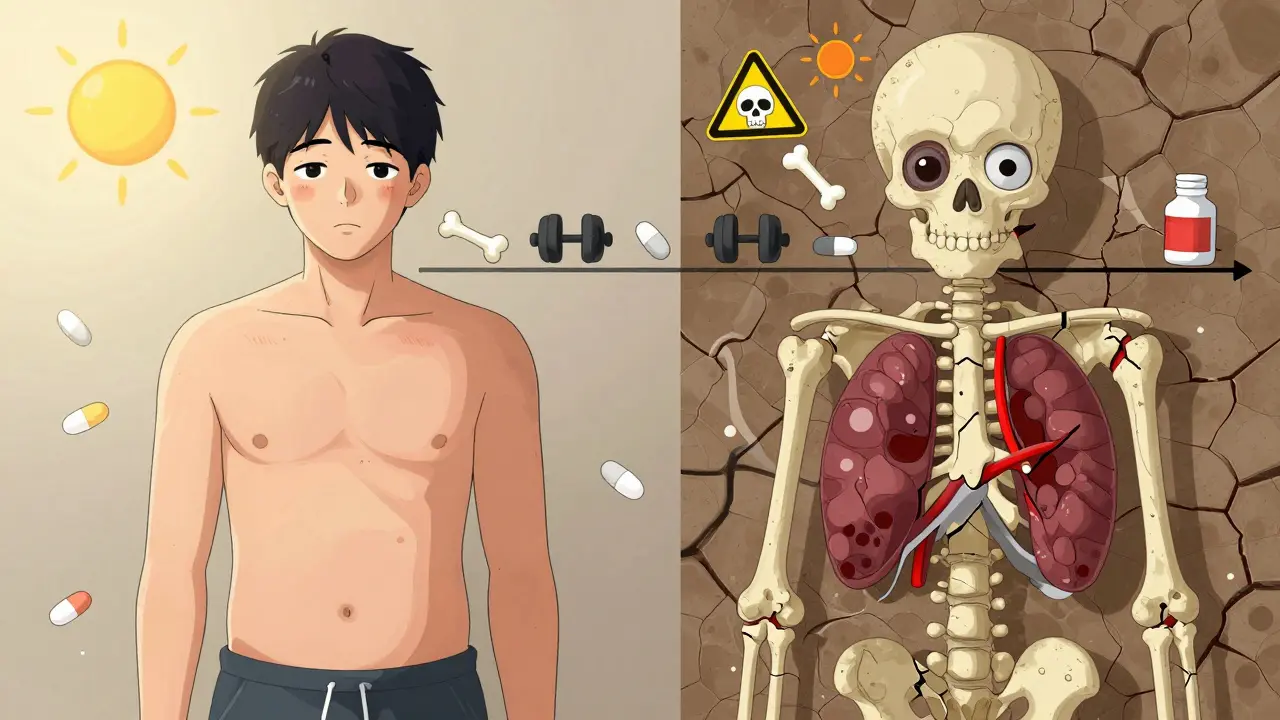 Side effects of long-term steroid use: moon face, brittle bones, and cataracts shown symbolically.