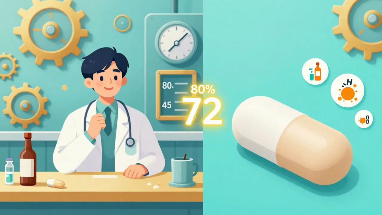 Two pills dissolving side by side with a glowing f2 similarity score of 72, showing bioequivalence.