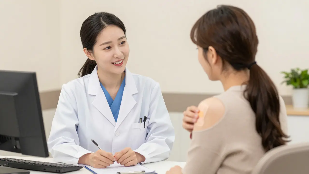 Woman consulting doctor about hormone therapy patch.