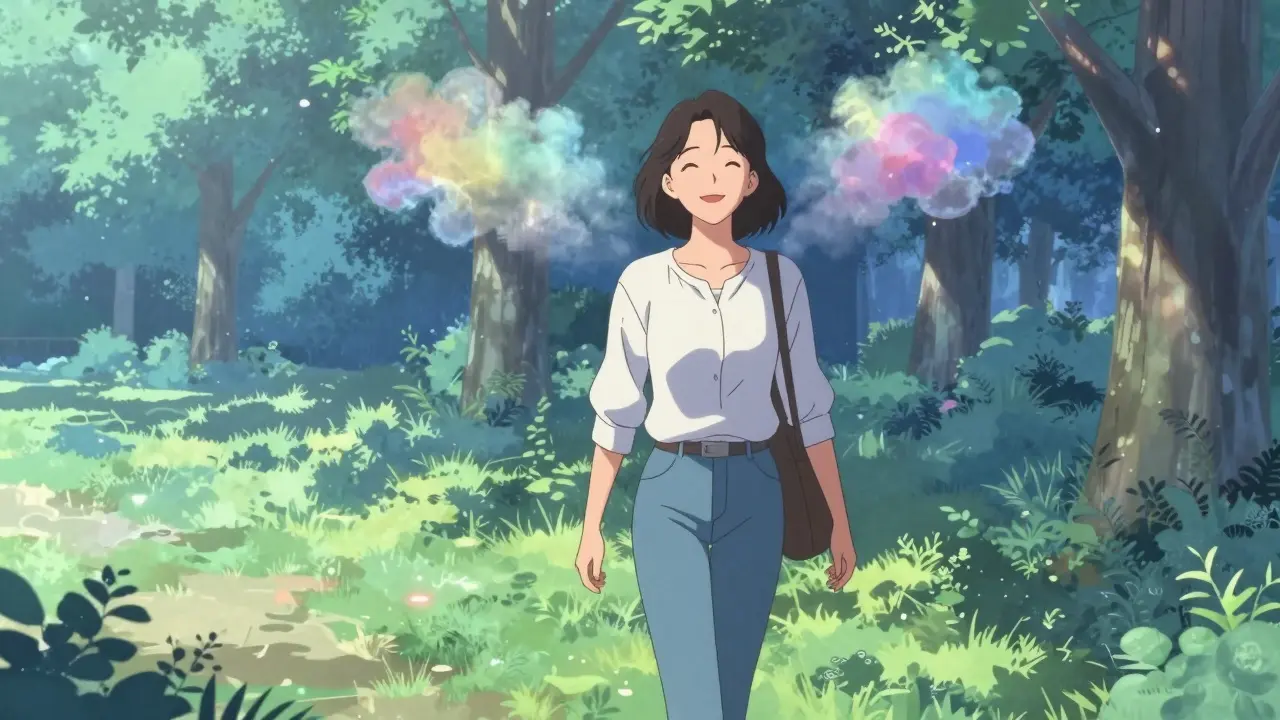 Woman relieved from hot flashes walking in park.