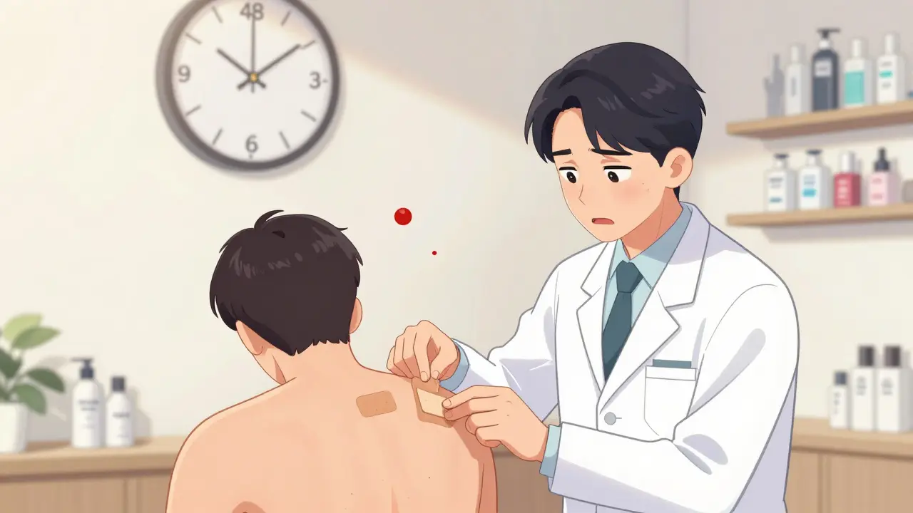 A dermatologist applying patch test strips to a patient's back in a clinic, with time markers and subtle skin reactions floating nearby.