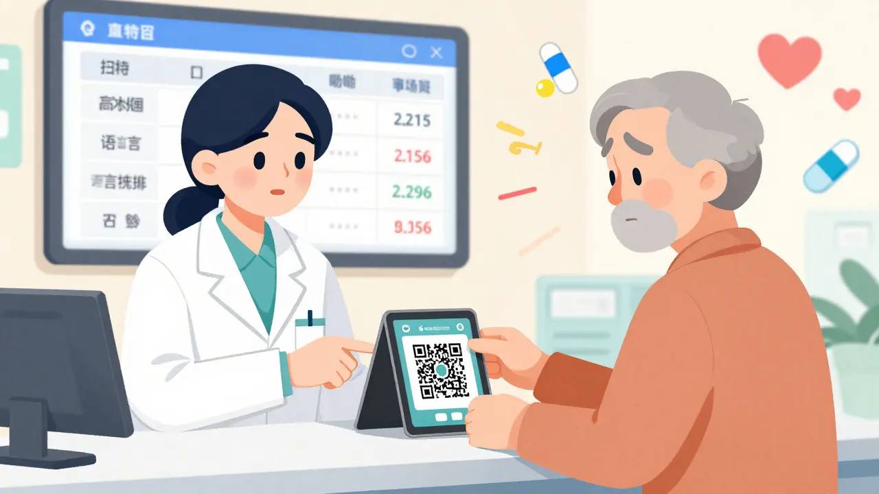 A pharmacist helping an older patient scan a QR code using a pharmacy tablet to access medication info.