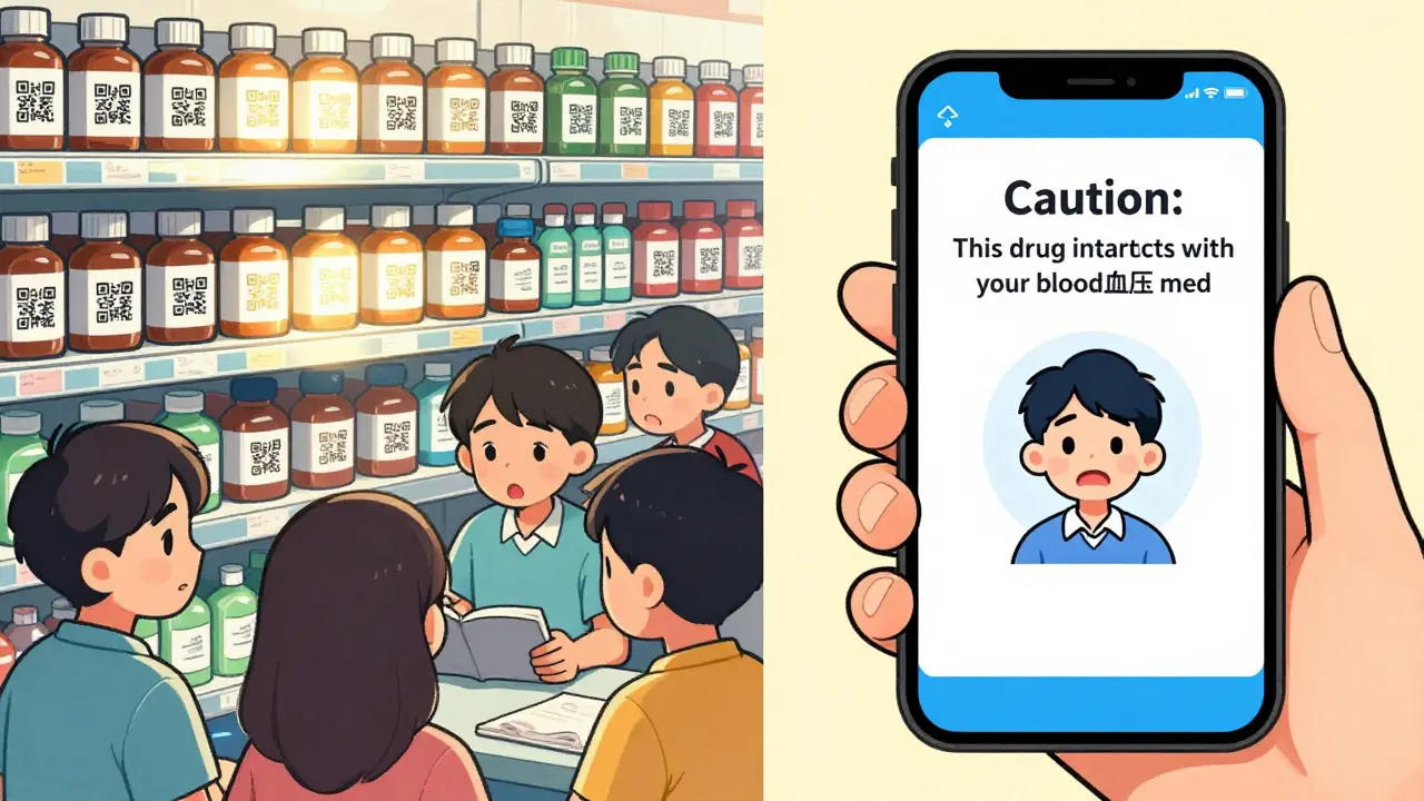 A QR-coded medicine bottle glowing as an AI alert warns of drug interactions on a patient's phone screen.