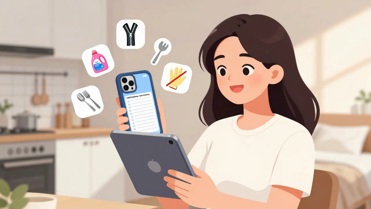 A woman smiling at her tablet showing a list of safe products, surrounded by icons of nickel-free items and unscented essentials.