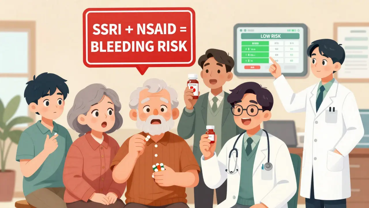 Diverse patients in a doctor’s office, one seeing a warning sign about drug interaction while another holds acetaminophen safely.